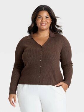 Women's Ribbed Cardigan Sweater - a New Day™ Brown‎ 2X